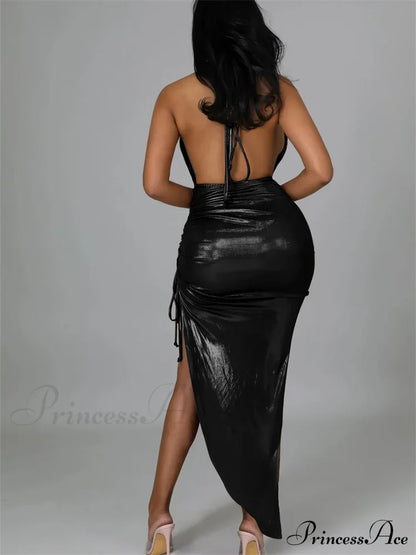 Sexy Women Halter V-neck Off Shoulder Drawstring High Split Backless Tie-Up Wrap Hip Slim