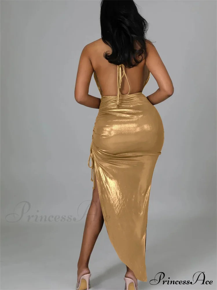 Sexy Women Halter V-neck Off Shoulder Drawstring High Split Backless Tie-Up Wrap Hip Slim