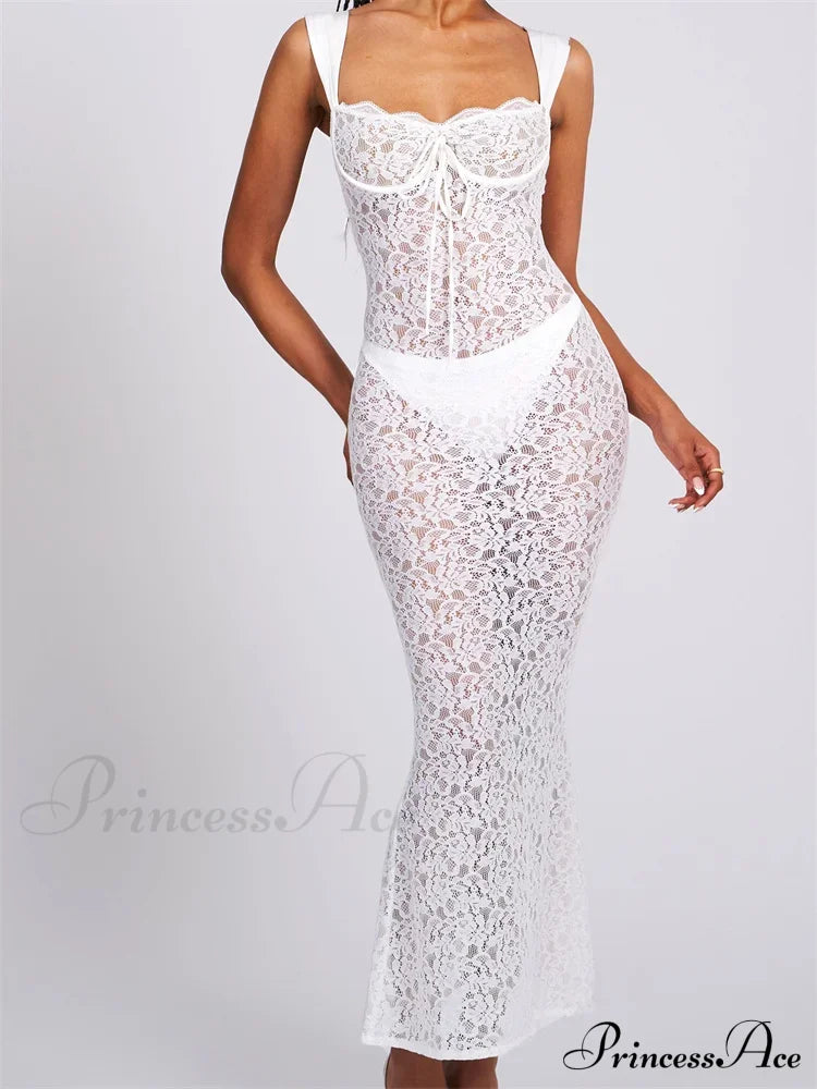 Sexy Women Lace Floral Sling Mesh See-Through Sleeveless Strap Low Cut Summer Backless Party Vestido
