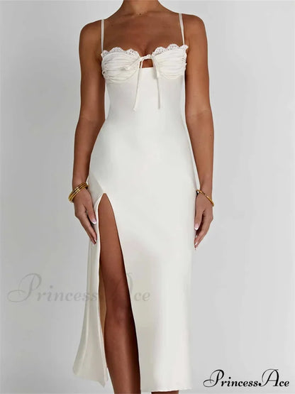 Sexy Women Ruched Lace Low Cut Sleeveless Spaghetti Strap High Split Evening Front Tie-up Vestidos