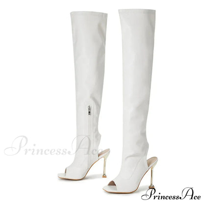 Sexy Zip Metal Thin Heel Thigh High Over The Knee Boots - Open Toe Leather - Ladies Party Club Stripper Shoes