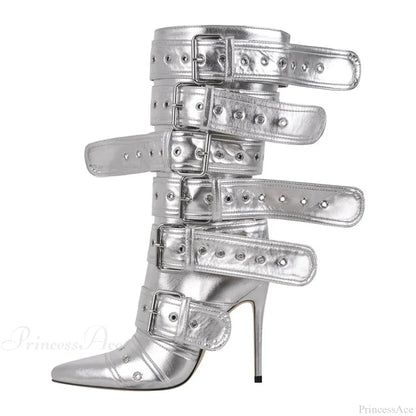 Sharp Toe Mid-Calf Clasp Stiletto Boot