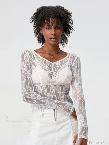 Sheer Lace Long Sleeve V-neck Mesh Crop T-shirt
