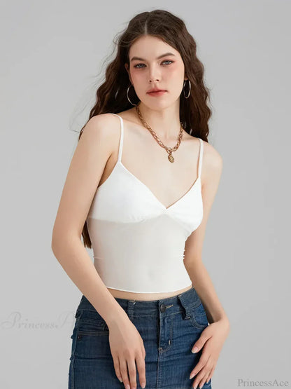 Sheer Mesh Backless Spaghetti Strap V-neck Crop Top