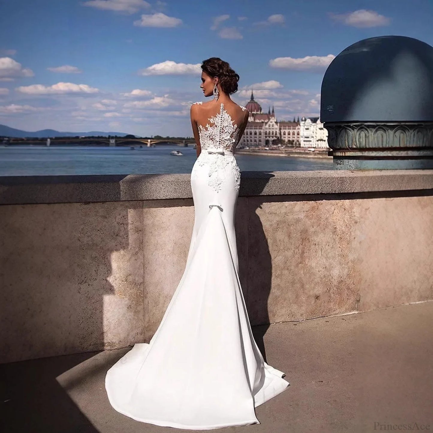 Sheer Tulle Long Train Wedding Dress