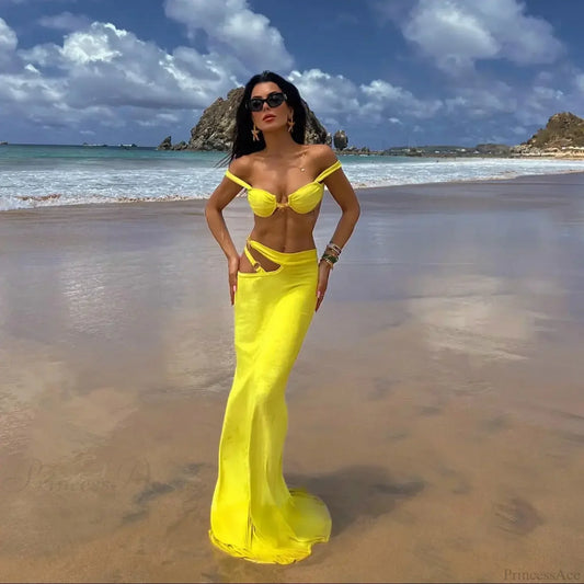 Bikini Bandeau Brillante con Pareo Traje de Baño de Tres Piezas