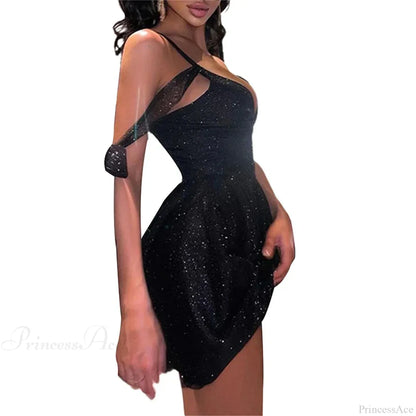Shiny Slim Black V-Neck Party Dress