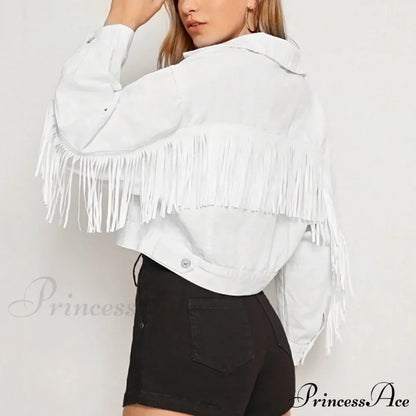 Short Loose Denim Wi Pockets Lapel Button Tassel Chic Stylish Elegant Fashionable Versatile Boyfriend Outer Jacket