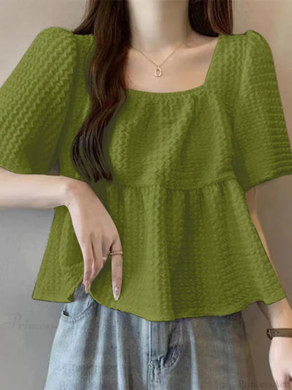 Short Sleeve Pleated Textured Blouse Summer Blouse
