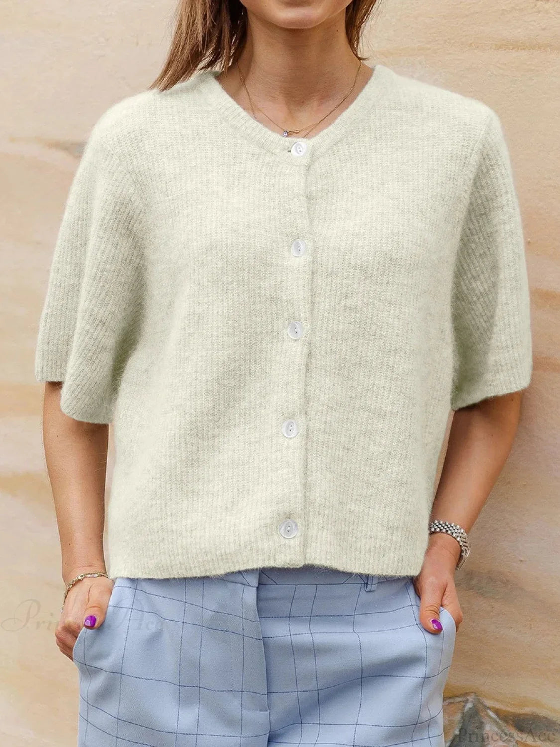 Short Sleeve Round Neck Button-Down Cardigan