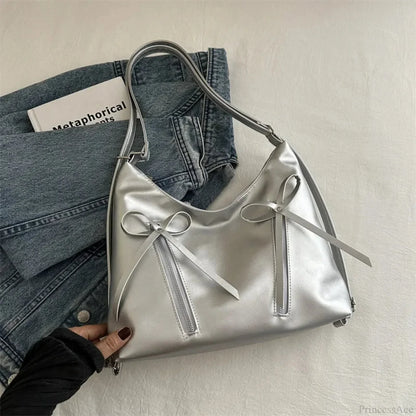 Silver Bow PU Leather Shoulder Bag