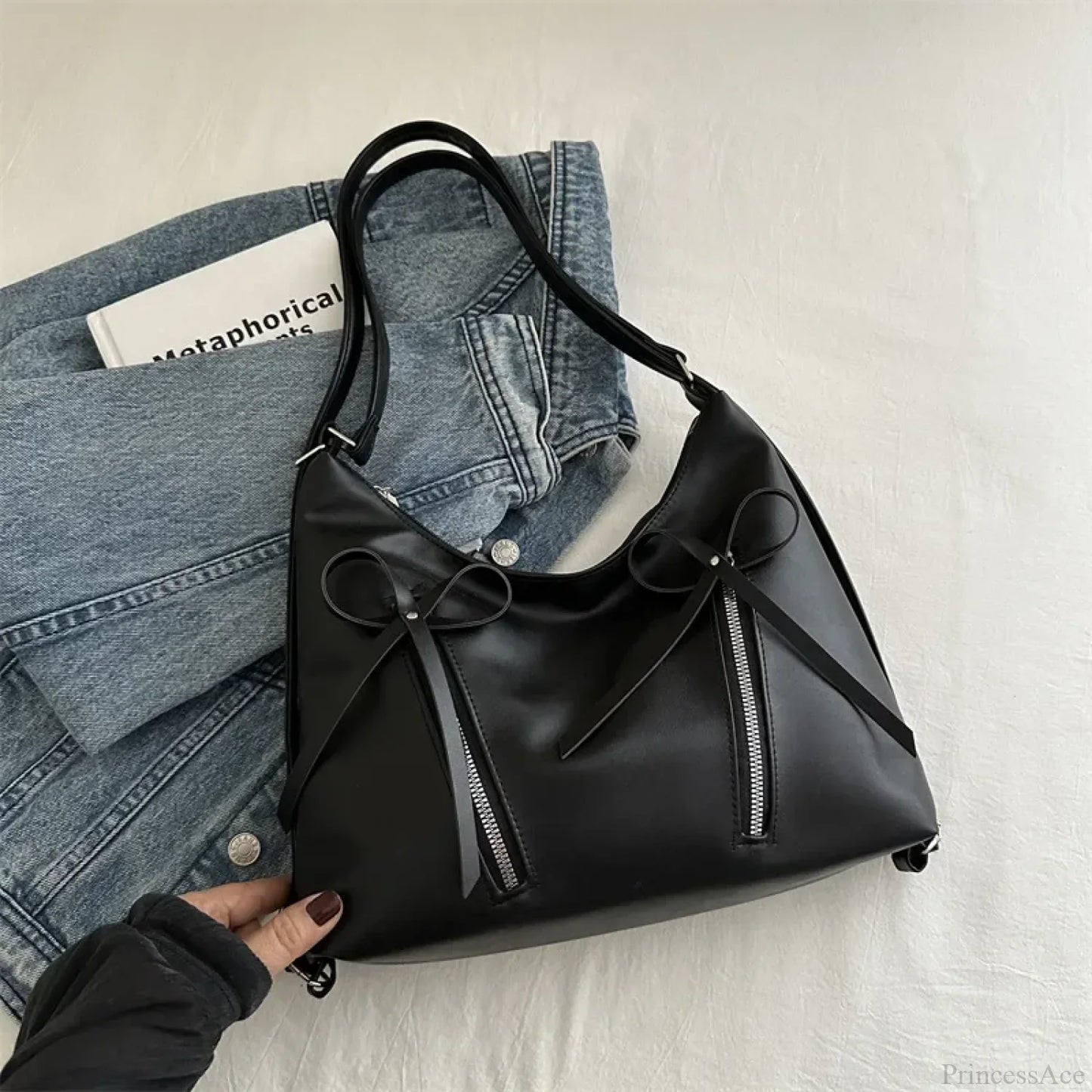 Silver Bow PU Leather Shoulder Bag