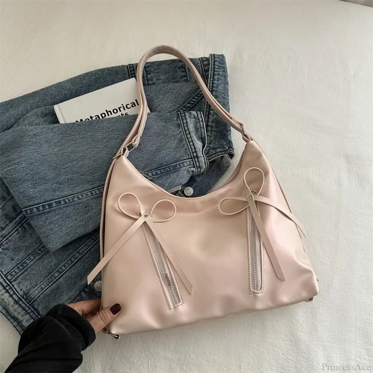 Silver Bow PU Leather Shoulder Bag