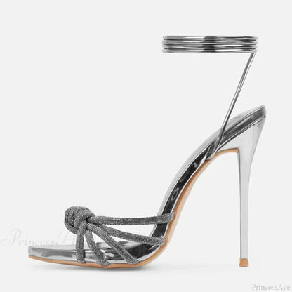 Silver Crystal Narrow-Band Sandals Summer Party Wedding Prom Open-Toe High Heels Women High Heel