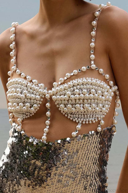 Silver Sequin Sexy Halter Backless Evening Dress