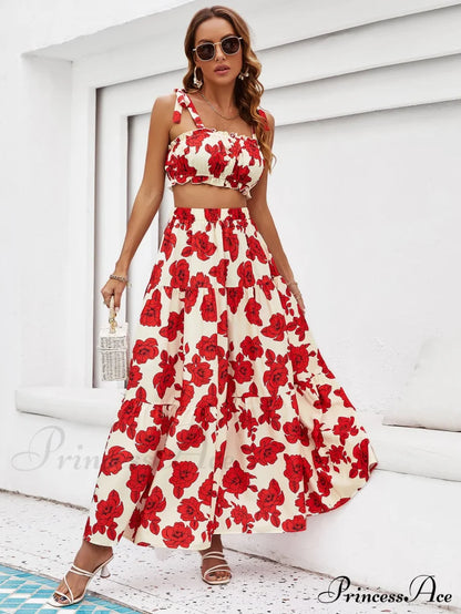 Skirt Tie Tiered Top with Full-Length Flowered Shoulder Set