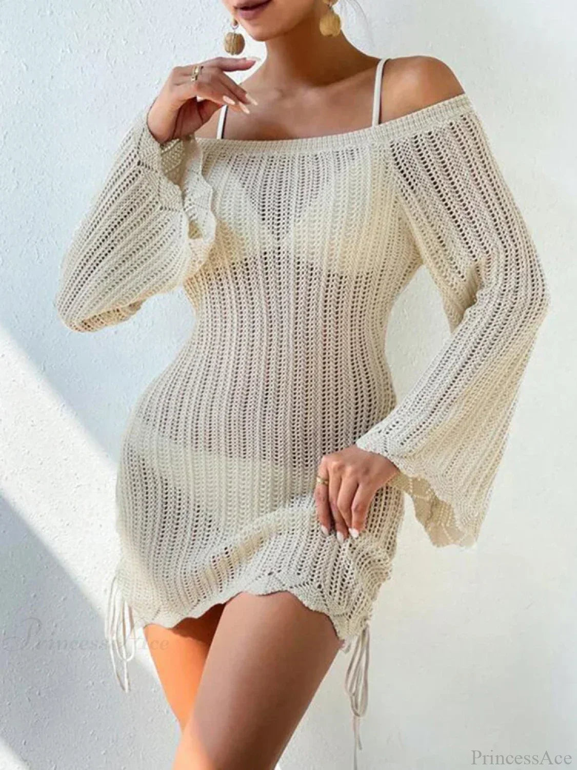 Slash Neck Hollow Out Long Sleeve Cover Up