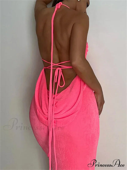 Sleeveless Backless Drawstring Hollow Out Sexy Split Summer Women Party Y2K Beach Vestidos