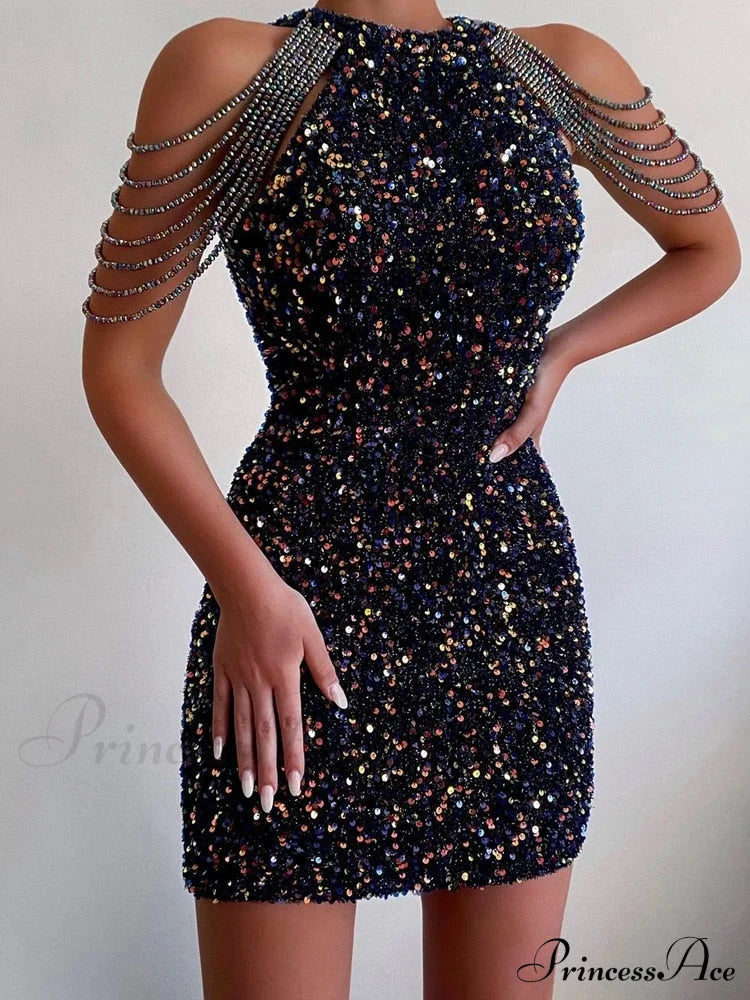 Sleeveless Off Shoulder Skinny High Waist Halter Chain Sequin Dress