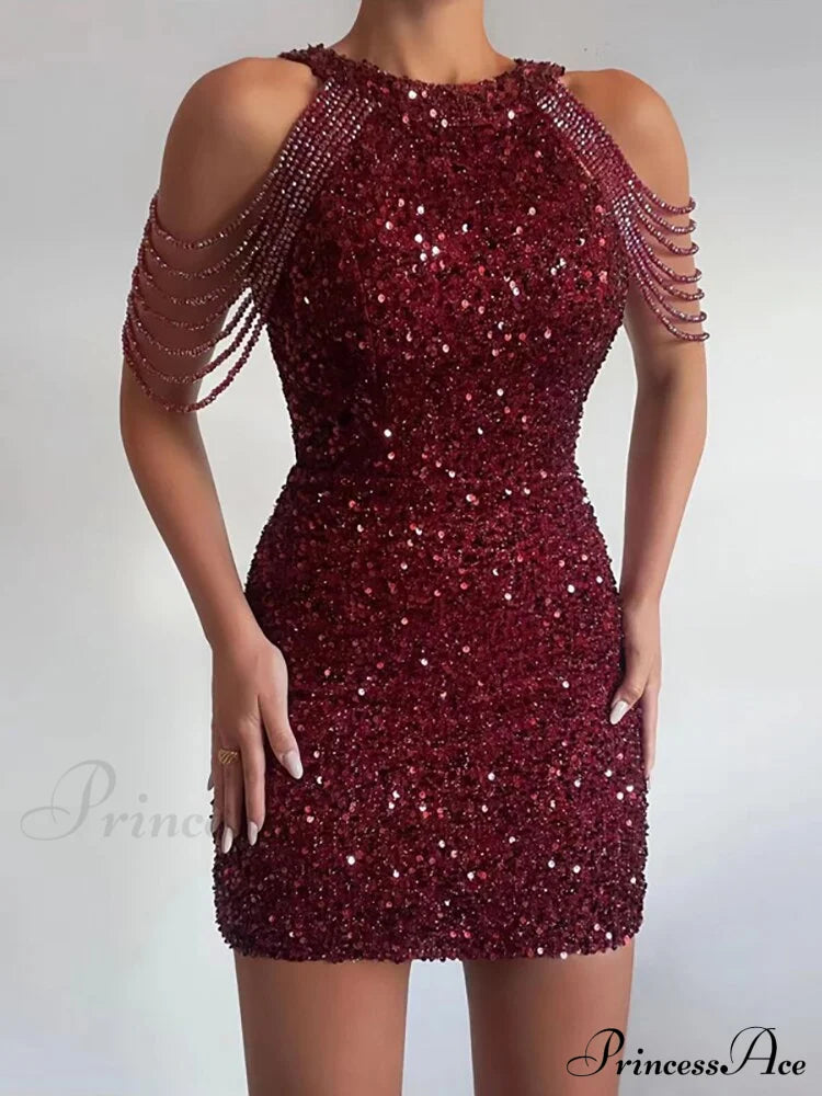 Sleeveless Off Shoulder Skinny High Waist Halter Chain Sequin Dress