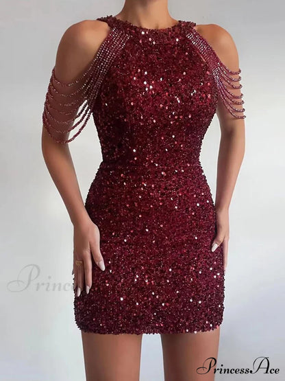Sleeveless Off Shoulder Skinny High Waist Halter Chain Sequin Dress