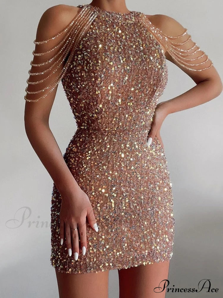 Sleeveless Off Shoulder Skinny High Waist Halter Chain Sequin Dress
