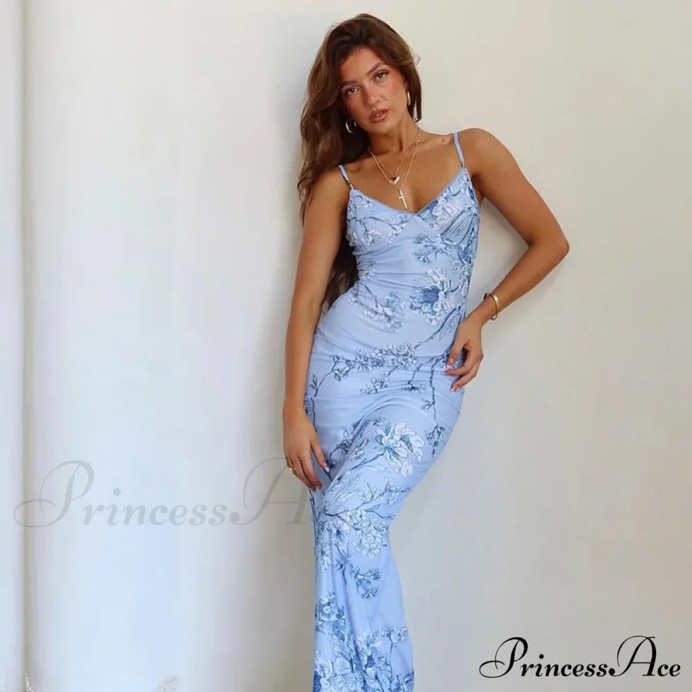 Sleeveless Print Fashion Vneck SlimLong Summer Beach Party Club Robe Floral Dress