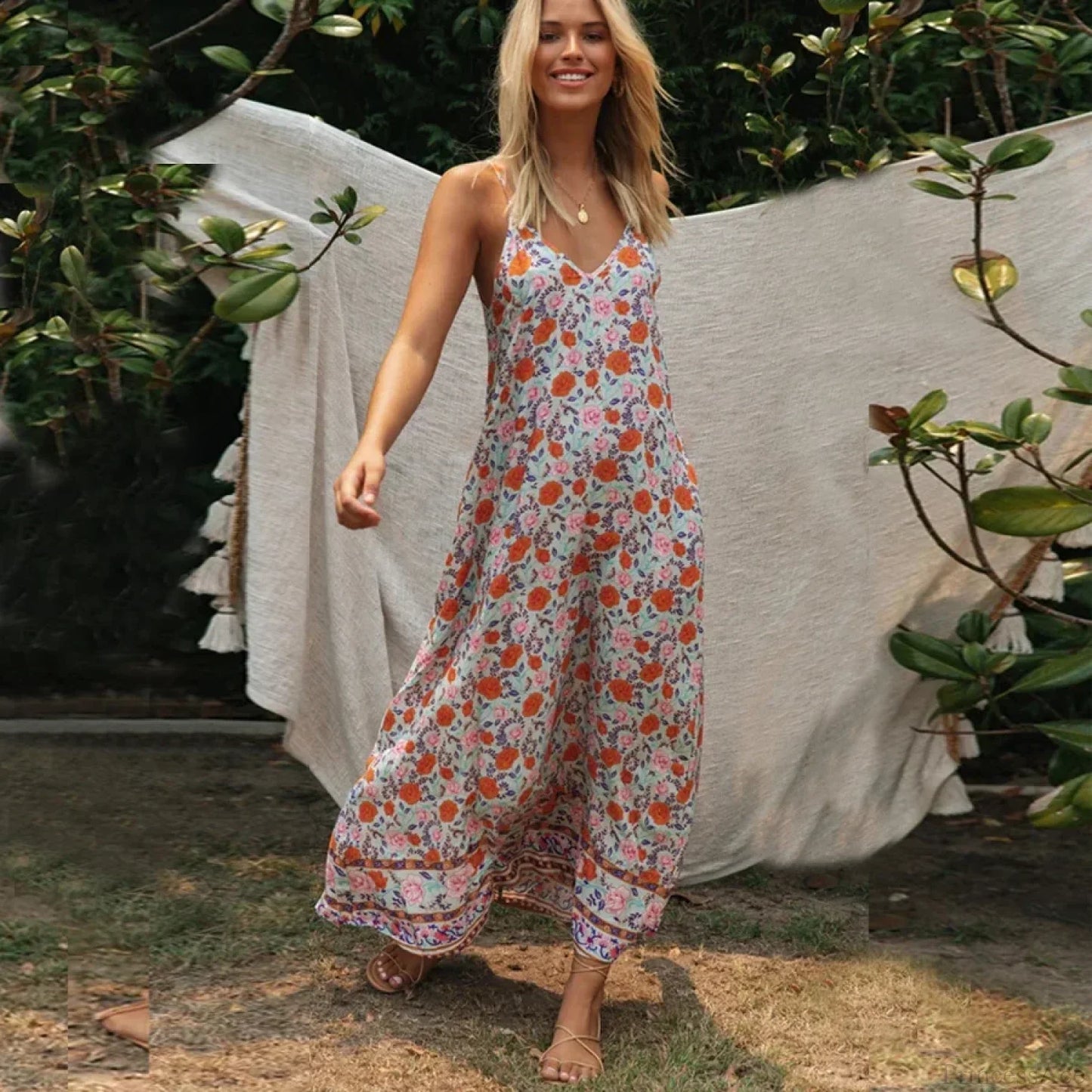 Sleeveless Strap Backless Deep V-neck Summer Dress