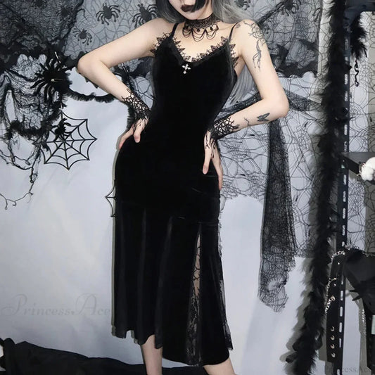 Sleeveless Velour Lace Patchwork Midi Dress
