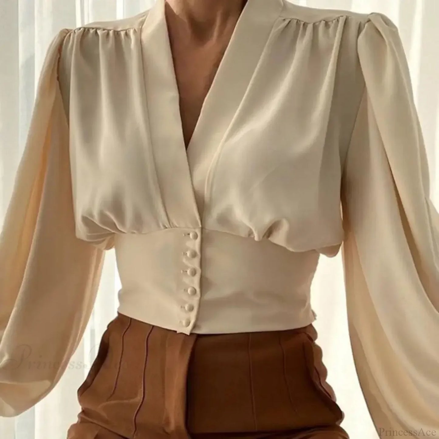 Slim Fit V Neck Cropped Lantern Blouse