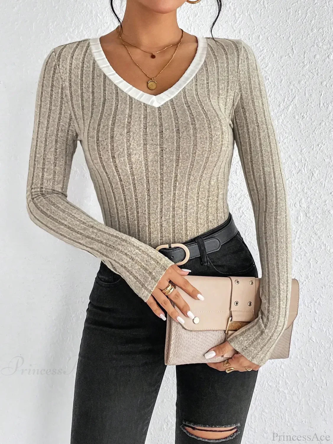 Slim Sexy V-Neck Neck Edge Clash Pullover Top Women