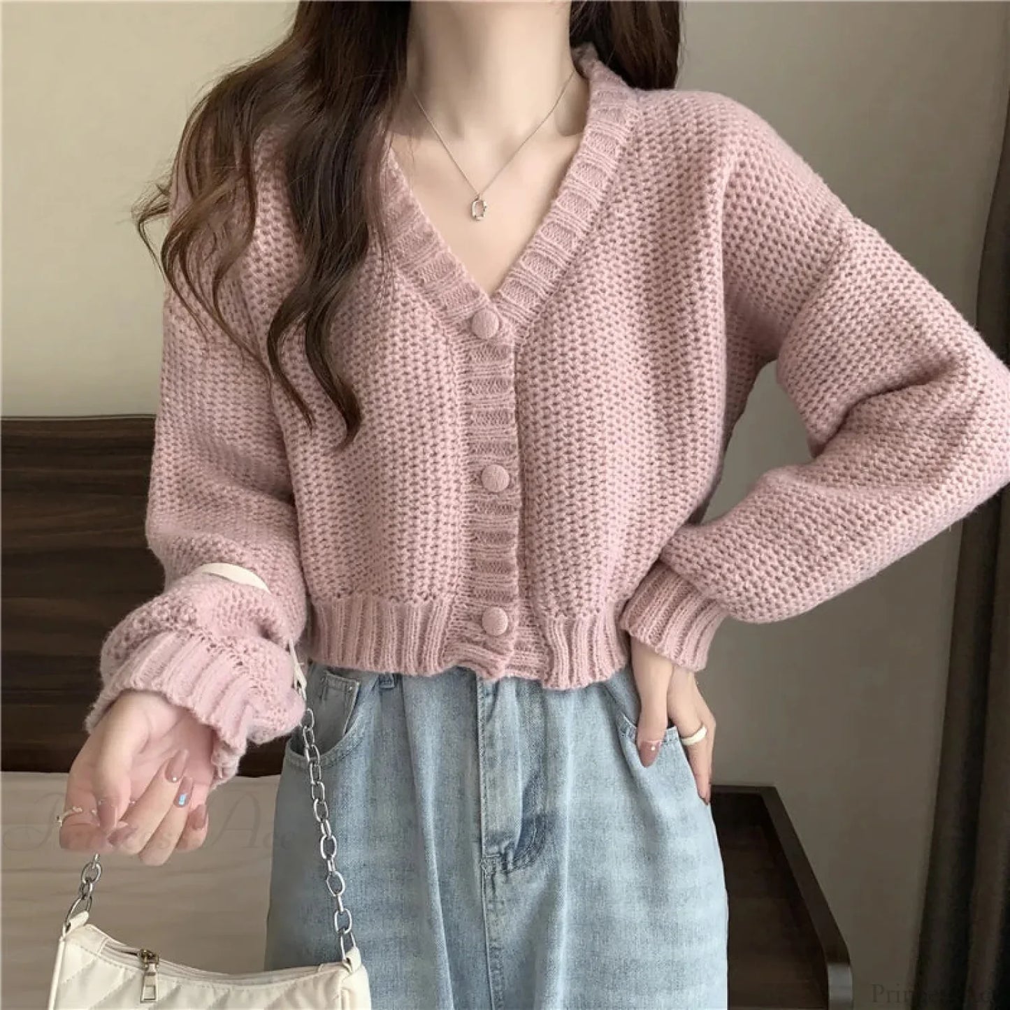 Slim Solid V-Neck Button-Up Knitted Cardigan for Women