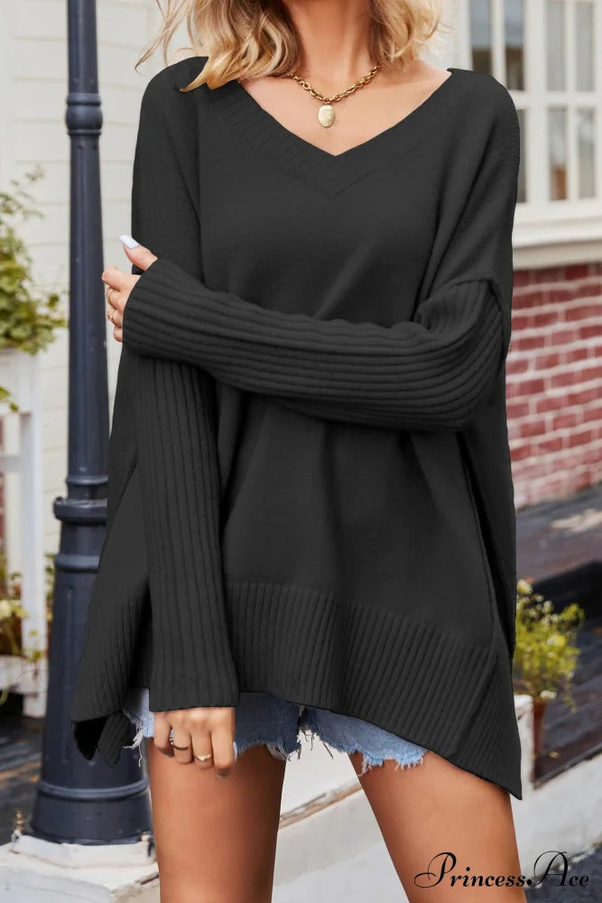 Slit Side Pullover Neck V Sweater