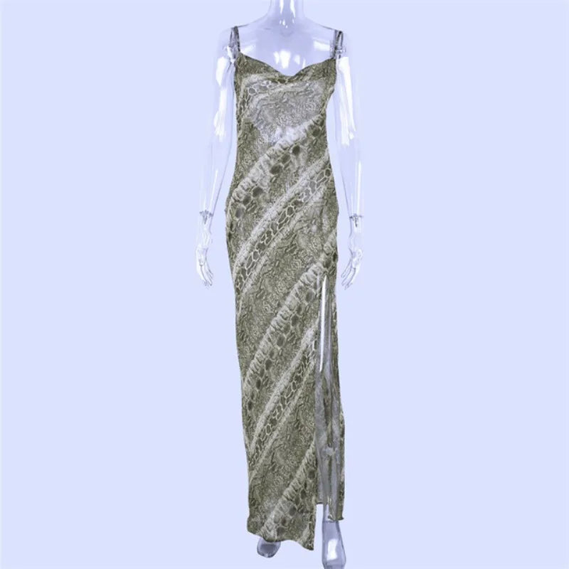 Snake Chiffon  Long Party Sheer Backless Elegant Autumn Clothes Midi Dresses