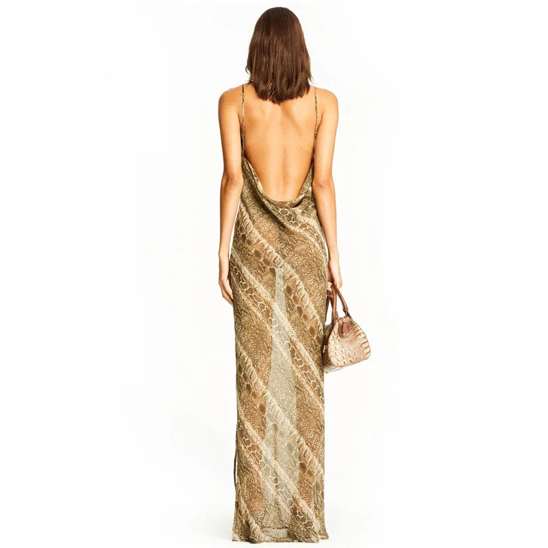 Snake Chiffon  Long Party Sheer Backless Elegant Autumn Clothes Midi Dresses