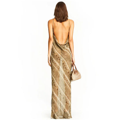 Snake Chiffon  Long Party Sheer Backless Elegant Autumn Clothes Midi Dresses