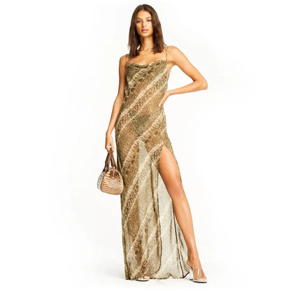 Snake Chiffon  Long Party Sheer Backless Elegant Autumn Clothes Midi Dresses