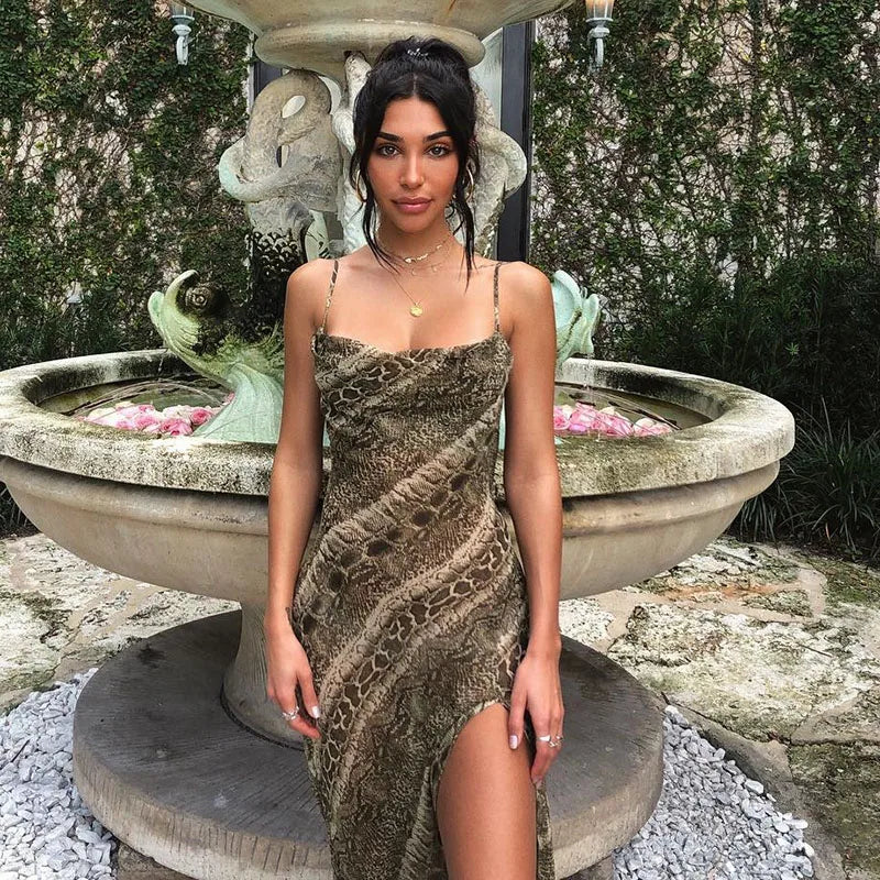 Snake Chiffon  Long Party Sheer Backless Elegant Autumn Clothes Midi Dresses