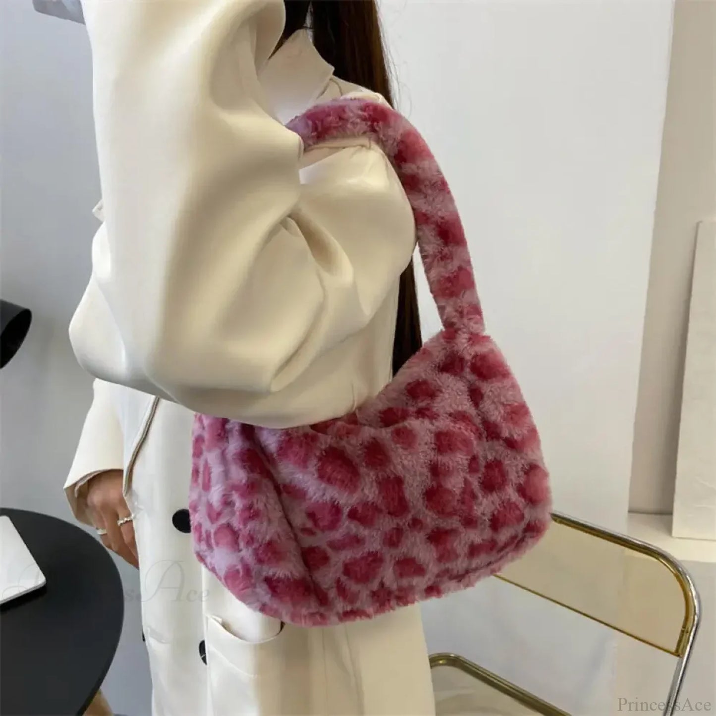 Soft Plush Leopard Pattern Shoulder Tote Handbag
