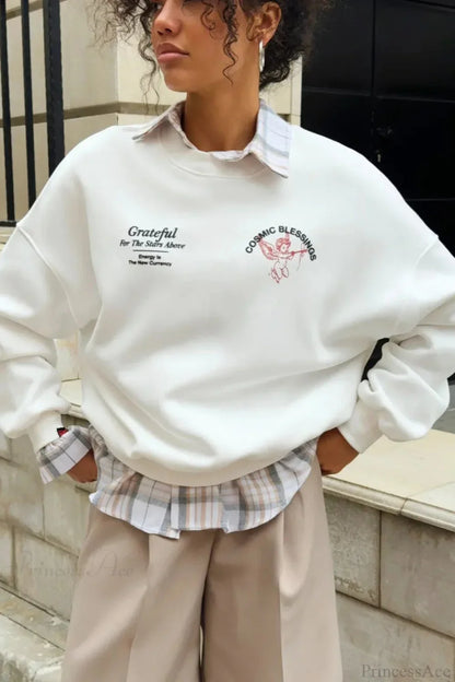 Solid Angel Print Thickened Crew Neck Sweatshirts