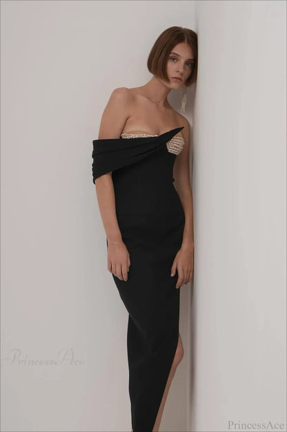 Solid Black Pearl-Cup Stretchy Bodycon Evening Dress