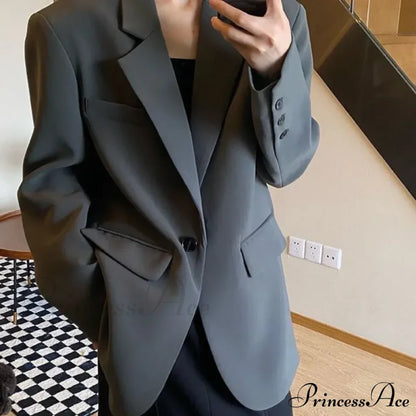 Solid Color Commuting Korean Autumn Spring Oversize Loose Button Blazer