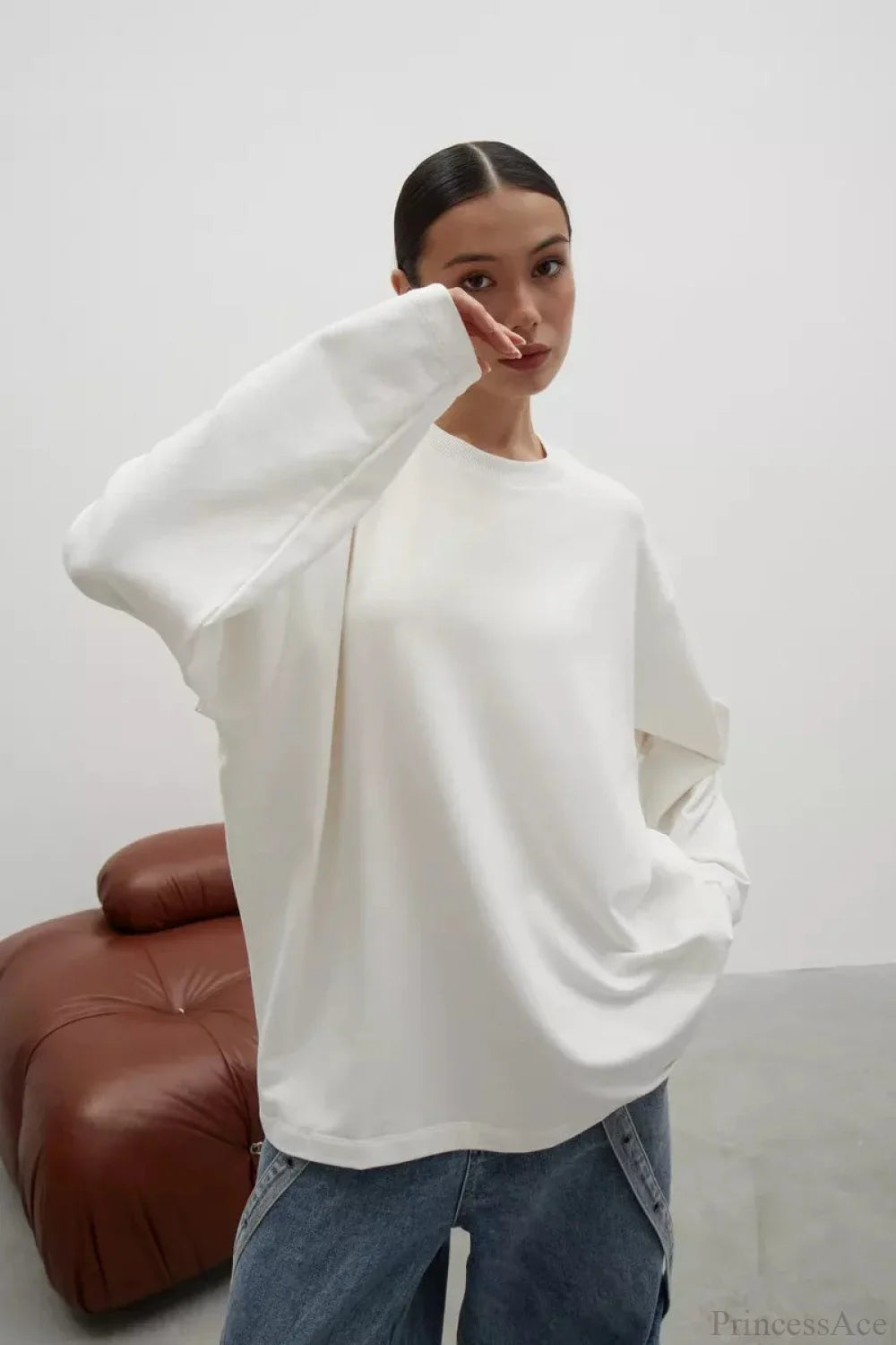 Solid Color Crew Neck Loose Casual Long Sleeve Tee