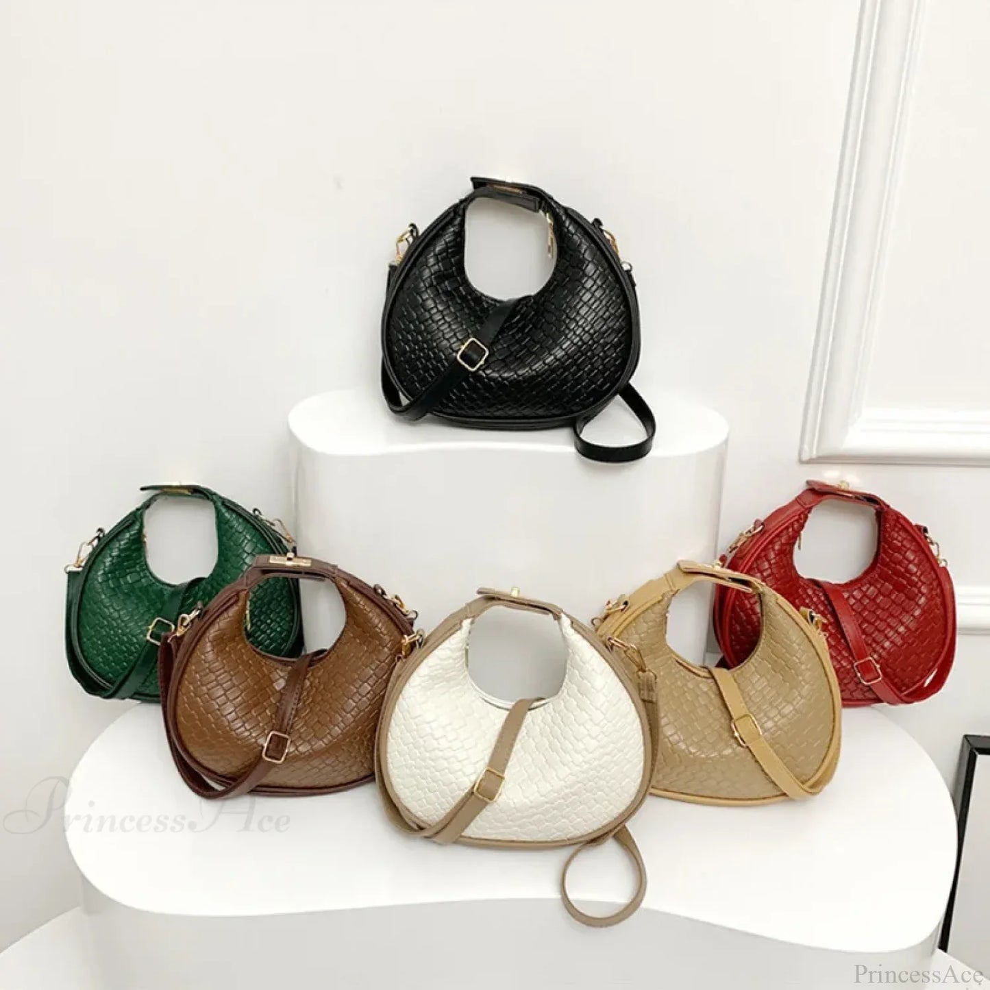 Solid Color PU Leather Lattice Crossbody Handbag