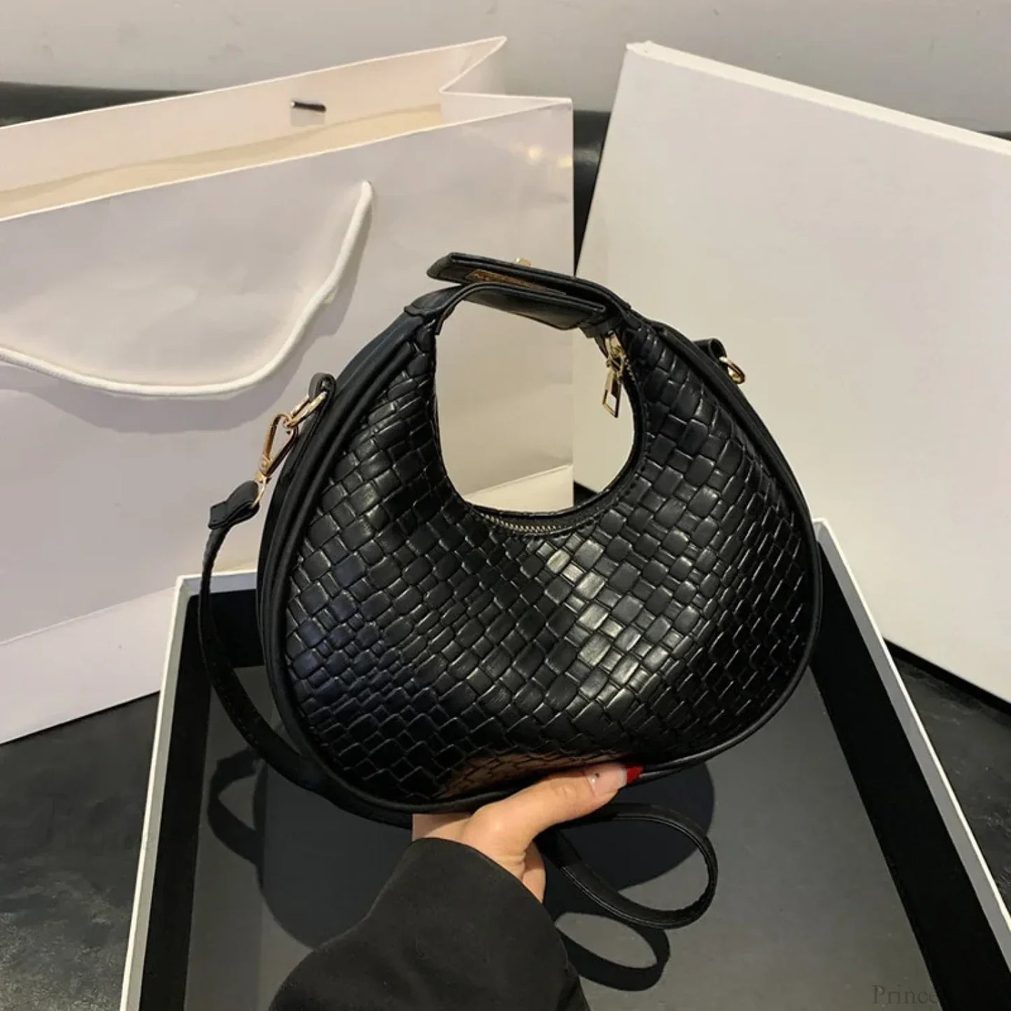 Solid Color PU Leather Lattice Crossbody Handbag