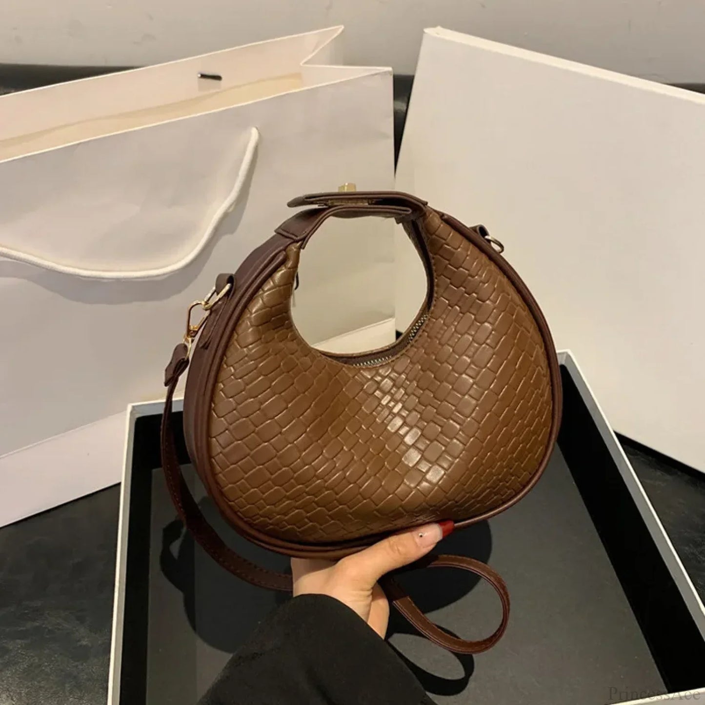 Solid Color PU Leather Lattice Crossbody Handbag