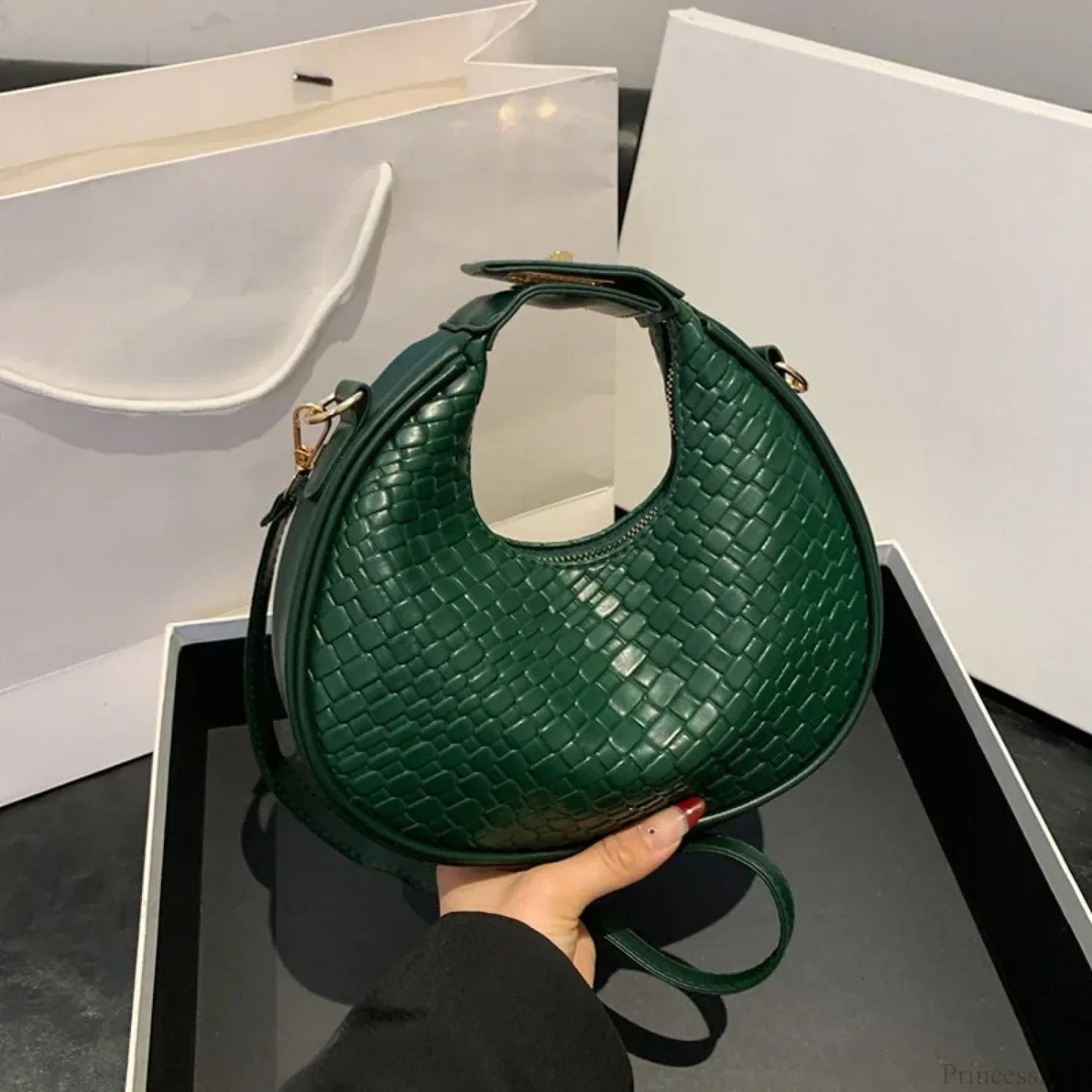 Solid Color PU Leather Lattice Crossbody Handbag