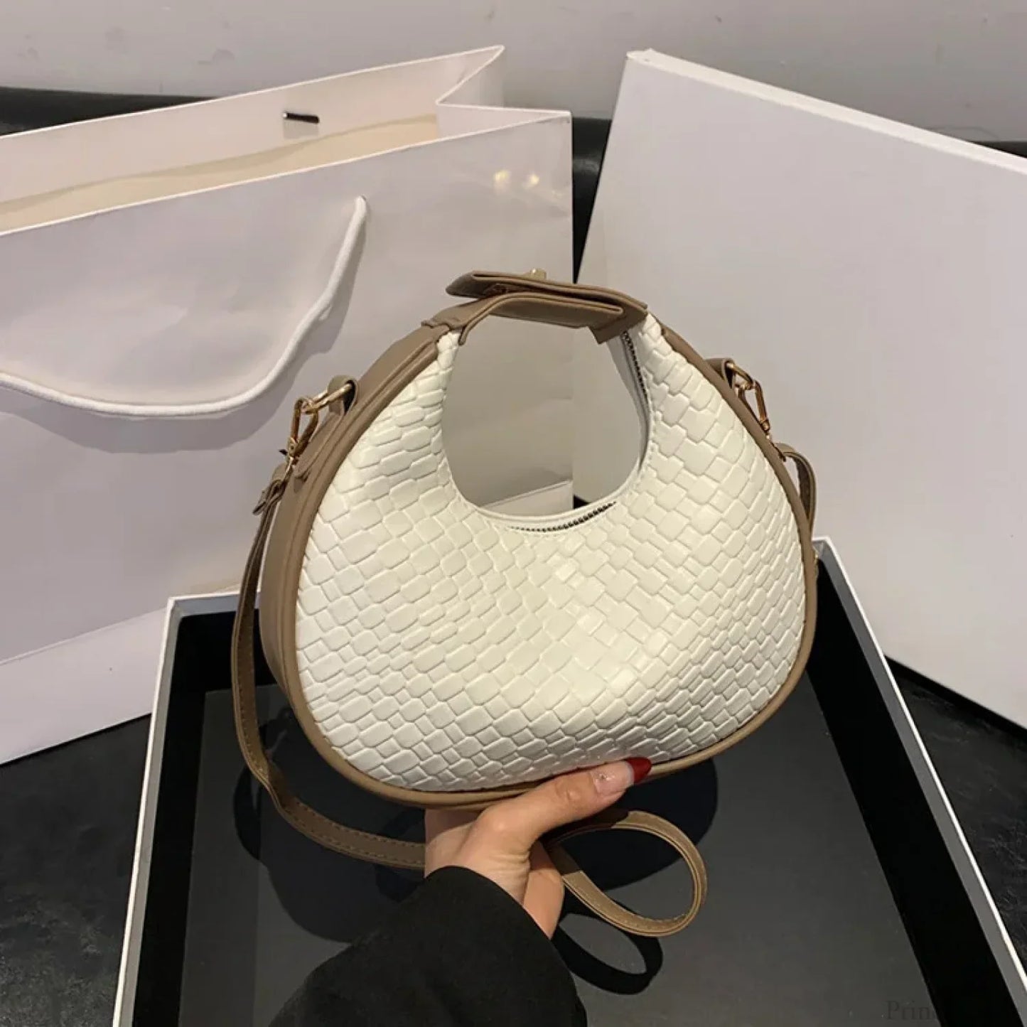 Solid Color PU Leather Lattice Crossbody Handbag