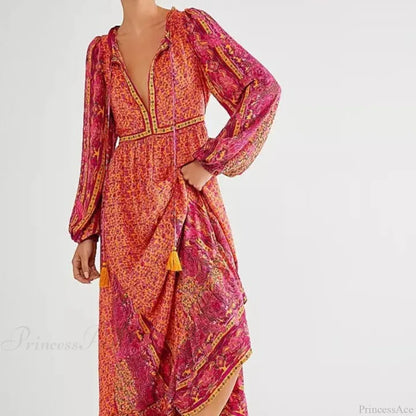 Solid Color V-neck Flare Sleeve Summer Boho Dress