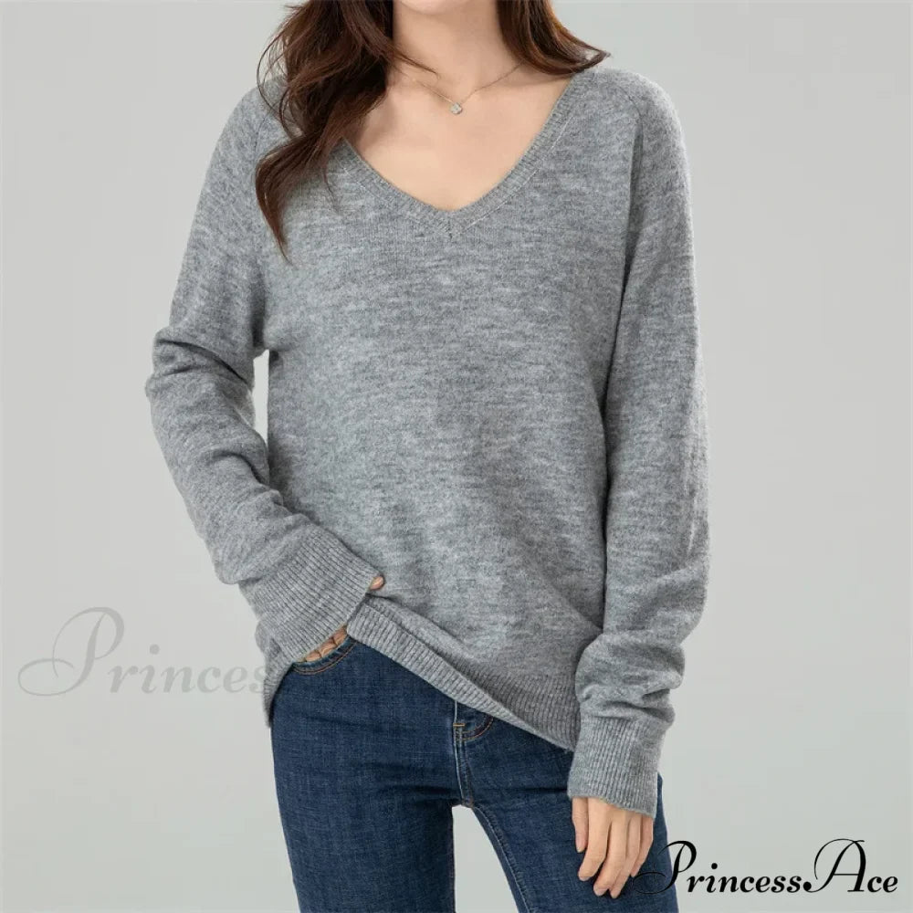 Solid Cozy V-neck Black Casual Long Sleeve Stylish Knitted Autumn Sweater